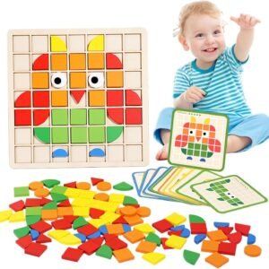 Back to School Deal Lacoz Colorful Pattern Block Puzzle Board with Cards Educational Shape Matching Game Brain Development and Hand-Eye Coordination Learning Toy for Boys and Girls